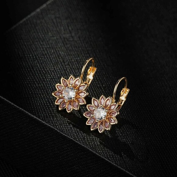 14K Gold Plated Pink Main Crystal Flower Drop Leverback Earrings for Women - Picture 3 of 7